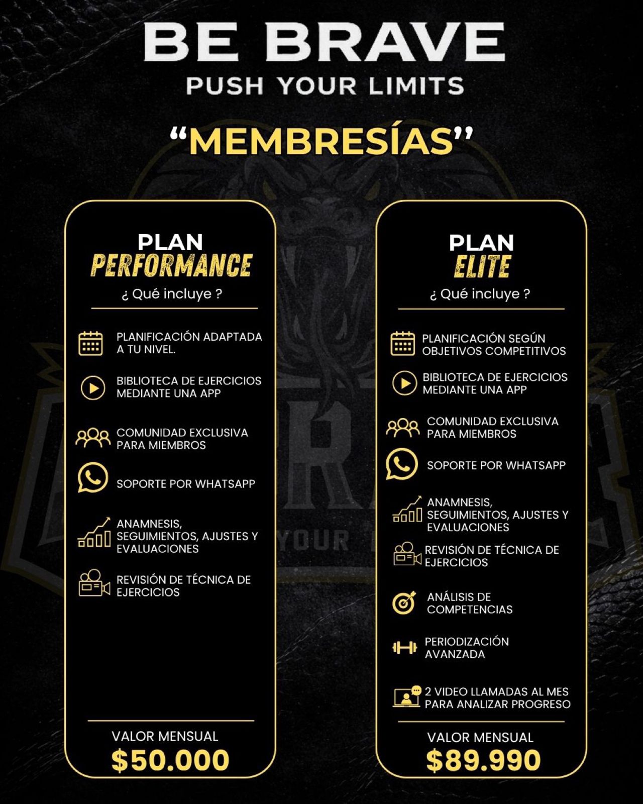 Membresías Be Brave. Plan Performance, $50.000 al mes: planificación adaptada a tu nivel, biblioteca de ejercicios en la app, comunidad exclusiva, soporte por WhatsApp, anamnesis, seguimientos, ajustes y evaluaciones, y revisión de técnica. Plan Elite, $89.990 al mes: todo lo anterior con planificación según objetivos competitivos, más análisis de competencias, periodización avanzada y 2 videollamadas al mes para analizar tu progreso.